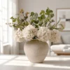 Lifelike Eucalyptus & White Hydrangea Faux Flower Arrangement, 28 Inch Silk Floral Centerpiece for Dining Table, Farmhouse Decor, No Watering Needed