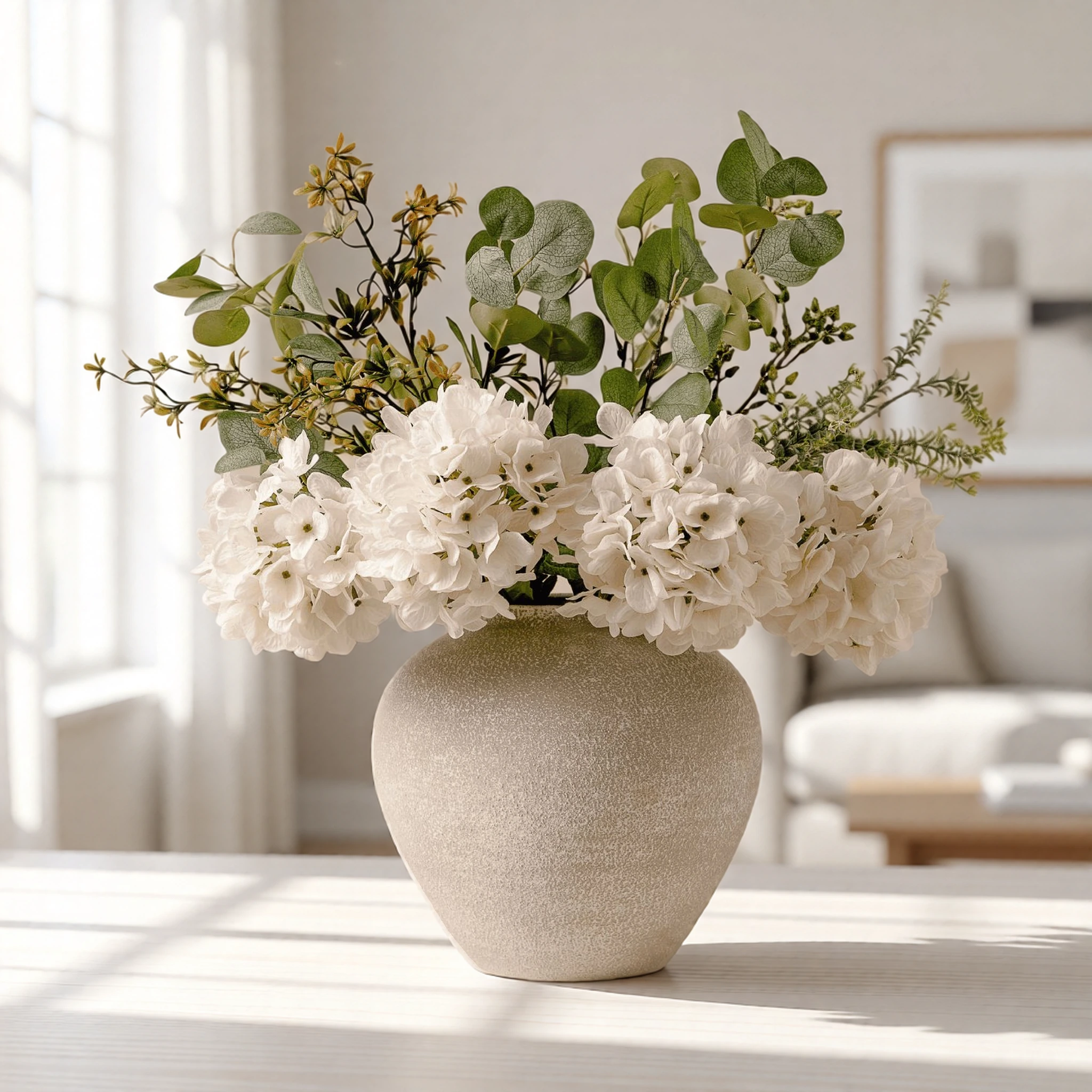 Lifelike Eucalyptus & White Hydrangea Faux Flower Arrangement, 28 Inch Silk Floral Centerpiece for Dining Table, Farmhouse Decor, No Watering Needed