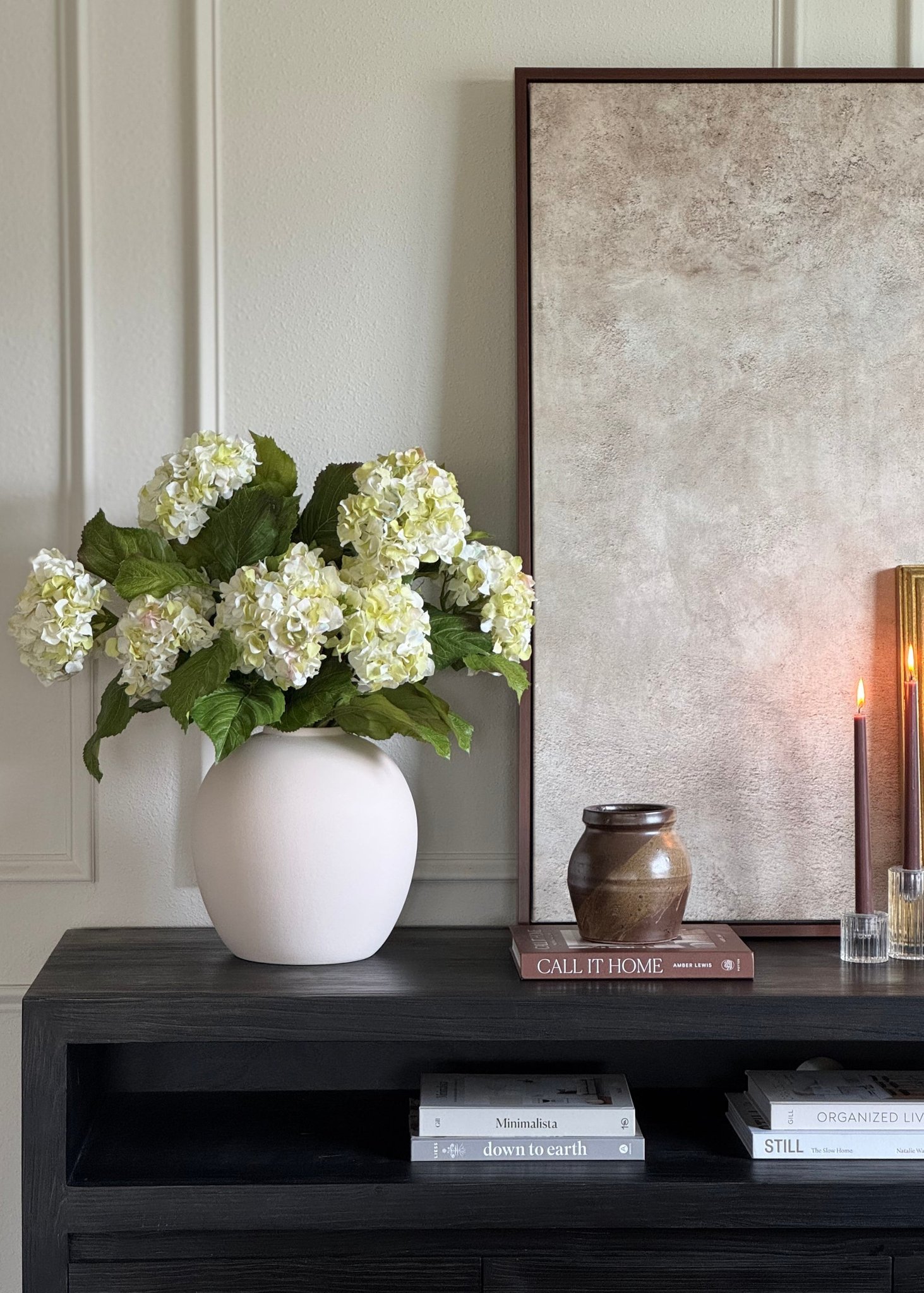 Realistic Cream Green Hydrangea Faux Floral Stems, 36 Inch Artificial Silk Flowers for Living Room, Spring Decor, No Watering Needed with Vase
