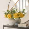 Lifelike Eucalyptus & Yellow Hydrangea Faux Flower Arrangement, 28 Inch Silk Floral Centerpiece for Dining Table, Modern Rustic Decor, No Watering