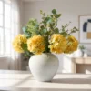 Lifelike Eucalyptus & Yellow Hydrangea Faux Flower Arrangement, 28 Inch Silk Floral Centerpiece for Dining Table, Modern Rustic Decor, No Watering