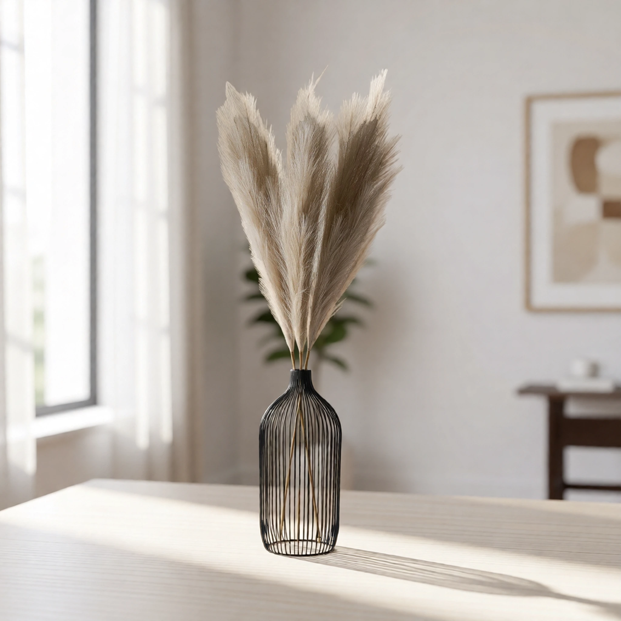 Lifelike Brown Pampas Grass Faux Floral Stems, 3 Artificial Greenery for Living Room Vase Not Included