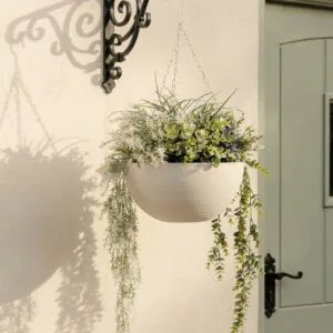 Real Touch Green & Purple Faux Flower Arrangement, Outdoor Hanging Basket 18 Inch for Patio Decor, UV Resistant No Watering Needed with Vase