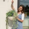 Real Touch Green & Purple Faux Flower Arrangement, Outdoor Hanging Basket 18 Inch for Patio Decor, UV Resistant No Watering Needed with Vase