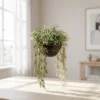 Real Touch Green & Purple Faux Flower Arrangement, Outdoor Hanging Basket 18 Inch for Patio Decor, UV Resistant No Watering Needed with Vase
