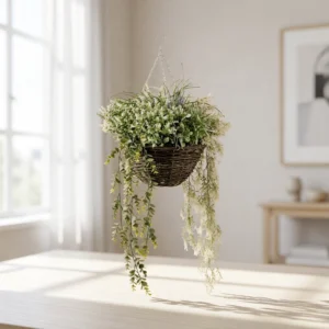 Real Touch Green & Purple Faux Flower Arrangement, Outdoor Hanging Basket 18 Inch for Patio Decor, UV Resistant No Watering Needed with Vase