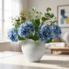 Lifelike Eucalyptus & Blue Hydrangea Faux Flower Arrangement, 28 Inch Silk Floral Centerpiece for Dining Table, Modern Home Decor, No Watering Needed