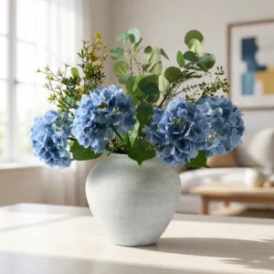 Lifelike Eucalyptus & Blue Hydrangea Faux Flower Arrangement, 28 Inch Silk Floral Centerpiece for Dining Table, Modern Home Decor, No Watering Needed