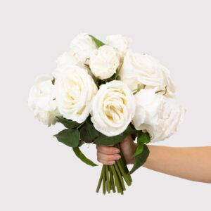 Premium Faux Rose Bouquet in Cream, 12 Inch Silk Floral Centerpiece for Wedding, Elegant Home Decor, No Watering Needed with Vase