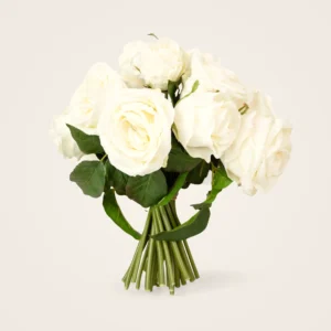 Premium Faux Rose Bouquet in Cream, 12 Inch Silk Floral Centerpiece for Wedding, Elegant Home Decor, No Watering Needed with Vase
