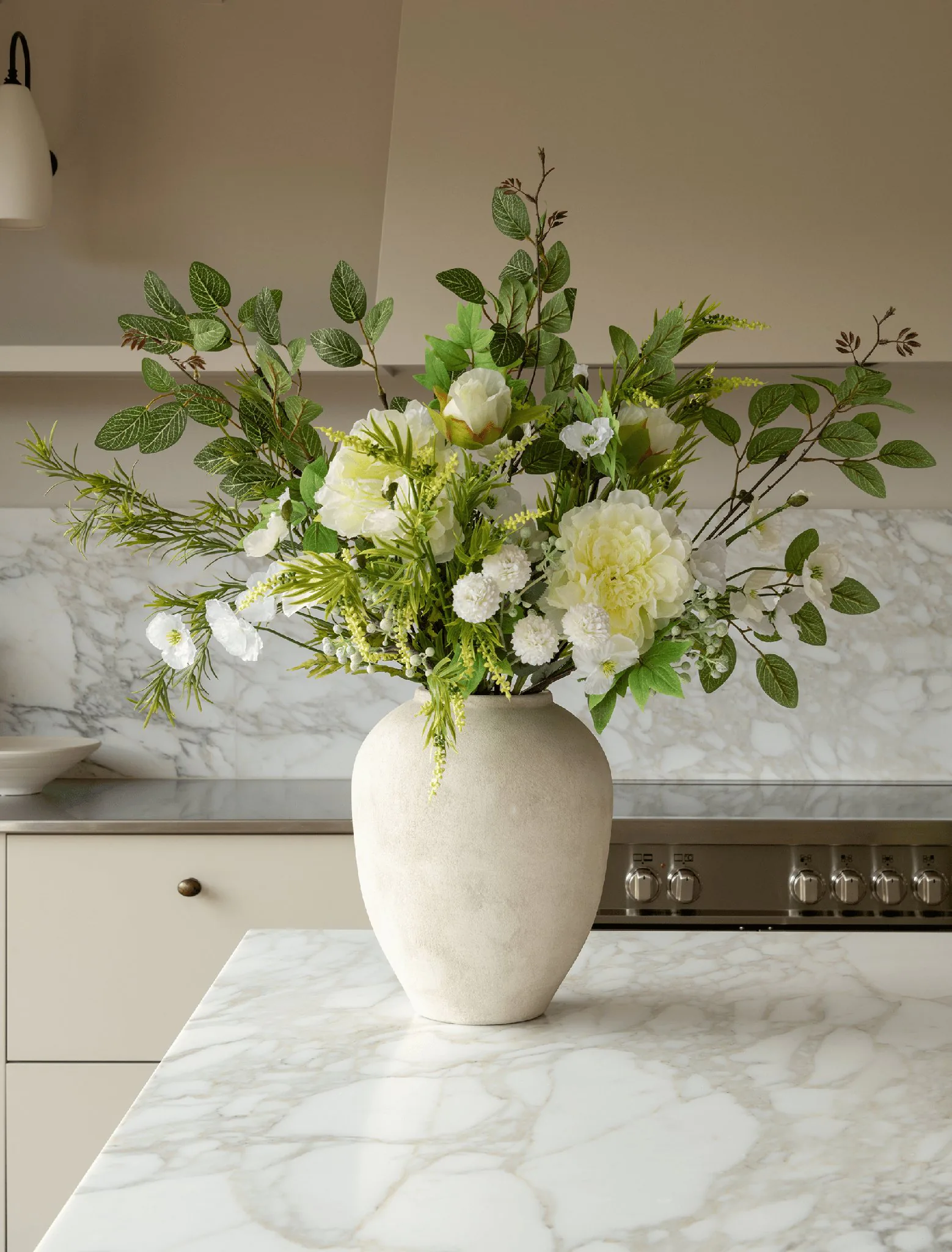 Lifelike White Poppy & Peony Faux Flower Arrangement, 21 Stems Artificial Silk Floral for Living Room Elegant Fall Decor, No Watering Needed Vase Not