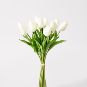 Real Touch White Tulip Faux Flower Arrangement, 12 Blooms Artificial Flowers for Living Room Spring Decor, No Watering Needed with Vase