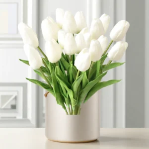 Real Touch White Tulip Faux Flower Arrangement, 12 Blooms Artificial Flowers for Living Room Spring Decor, No Watering Needed with Vase