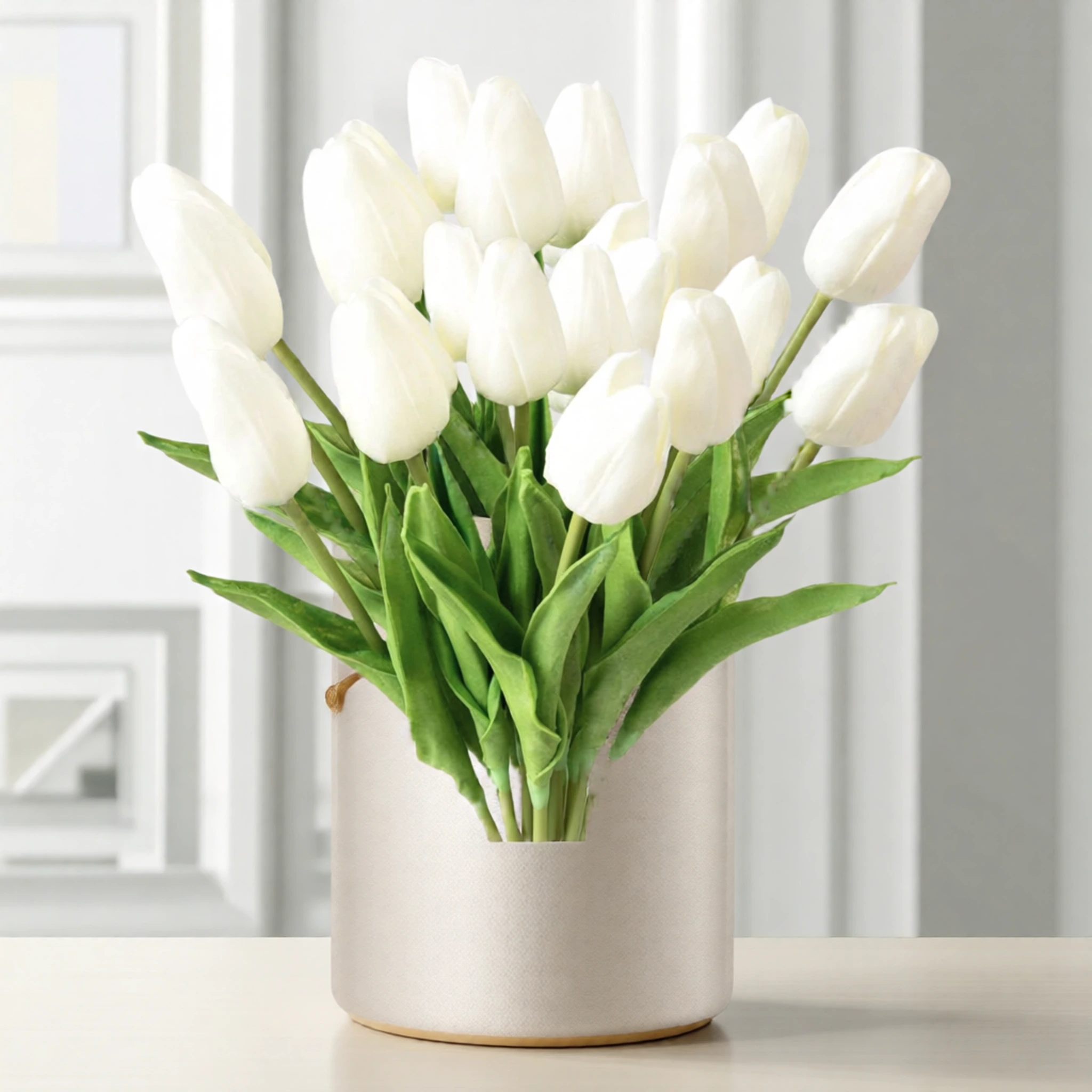 Real Touch White Tulip Faux Flower Arrangement, 12 Blooms Artificial Flowers for Living Room Spring Decor, No Watering Needed with Vase