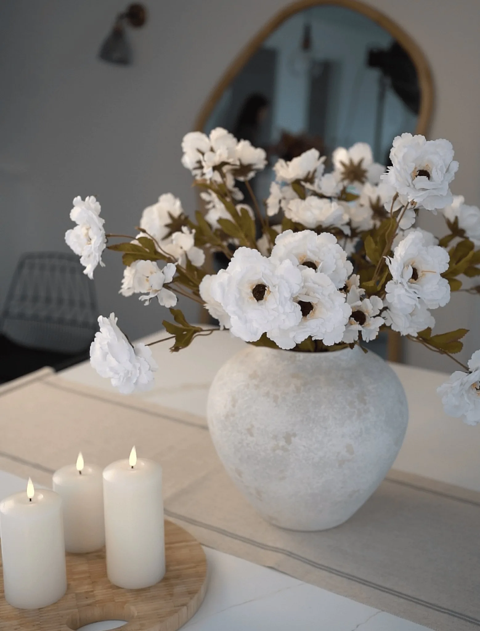 Lifelike White Peony Faux Flower Arrangement, 8 Stems Artificial Flowers for Living Room Elegant Decor, No Watering Needed Vase Not Included