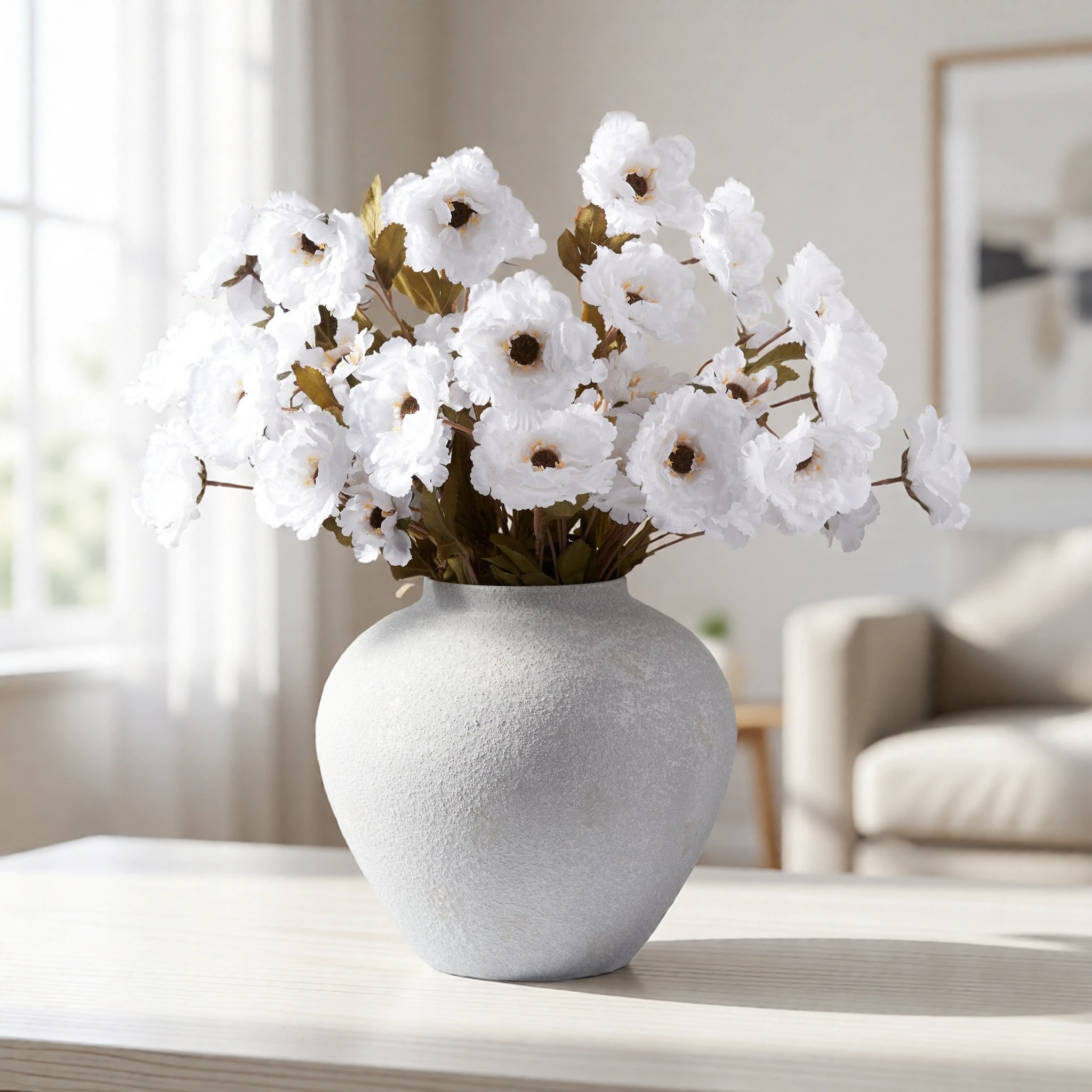 Lifelike White Peony Faux Flower Arrangement, 8 Stems Artificial Flowers for Living Room Elegant Decor, No Watering Needed Vase Not Included