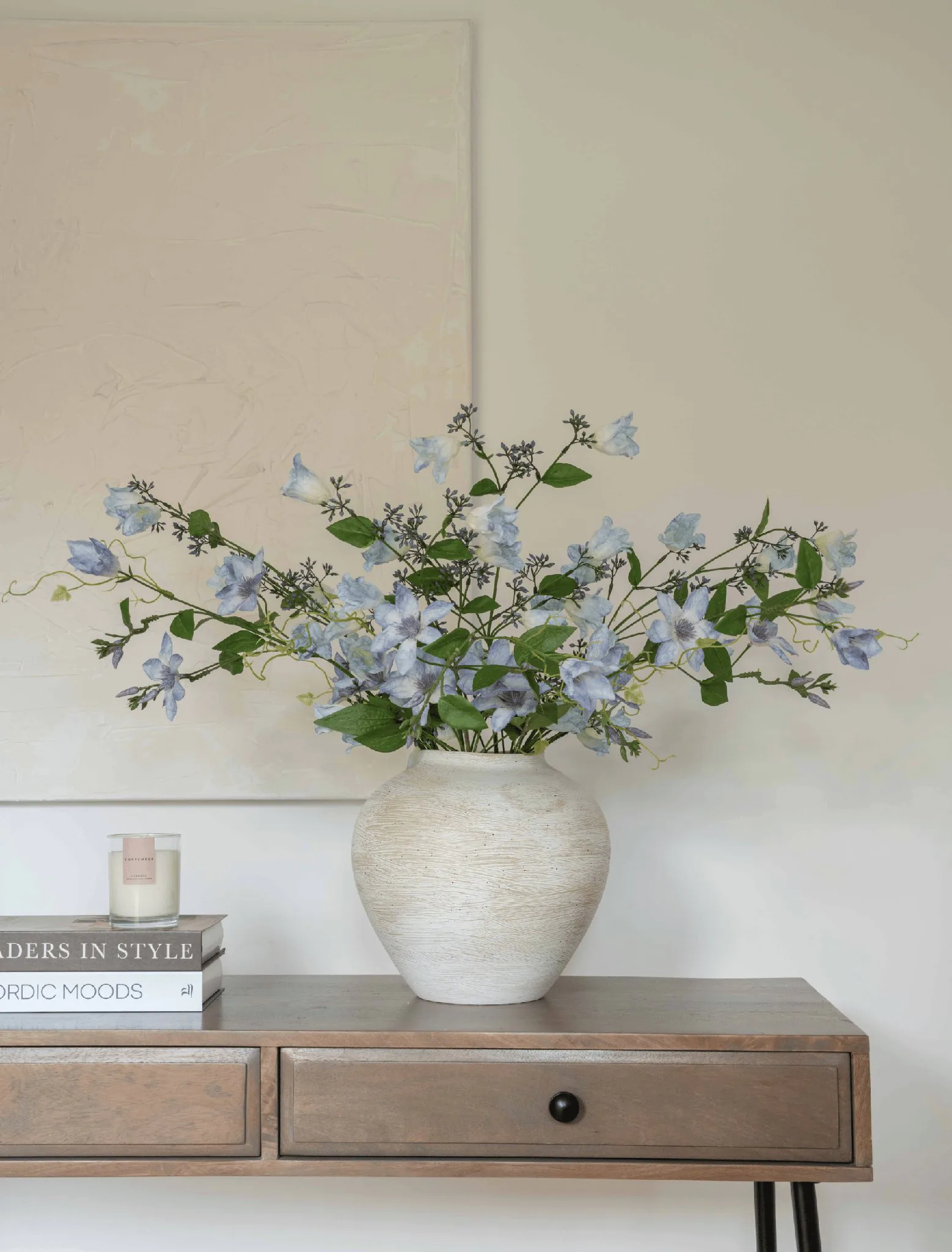Lifelike Bell Flower & Clematis Blue Faux Arrangement, 30 Inch Silk Floral Centerpiece for Living Room, Fall Decor, No Watering Needed Vase Not
