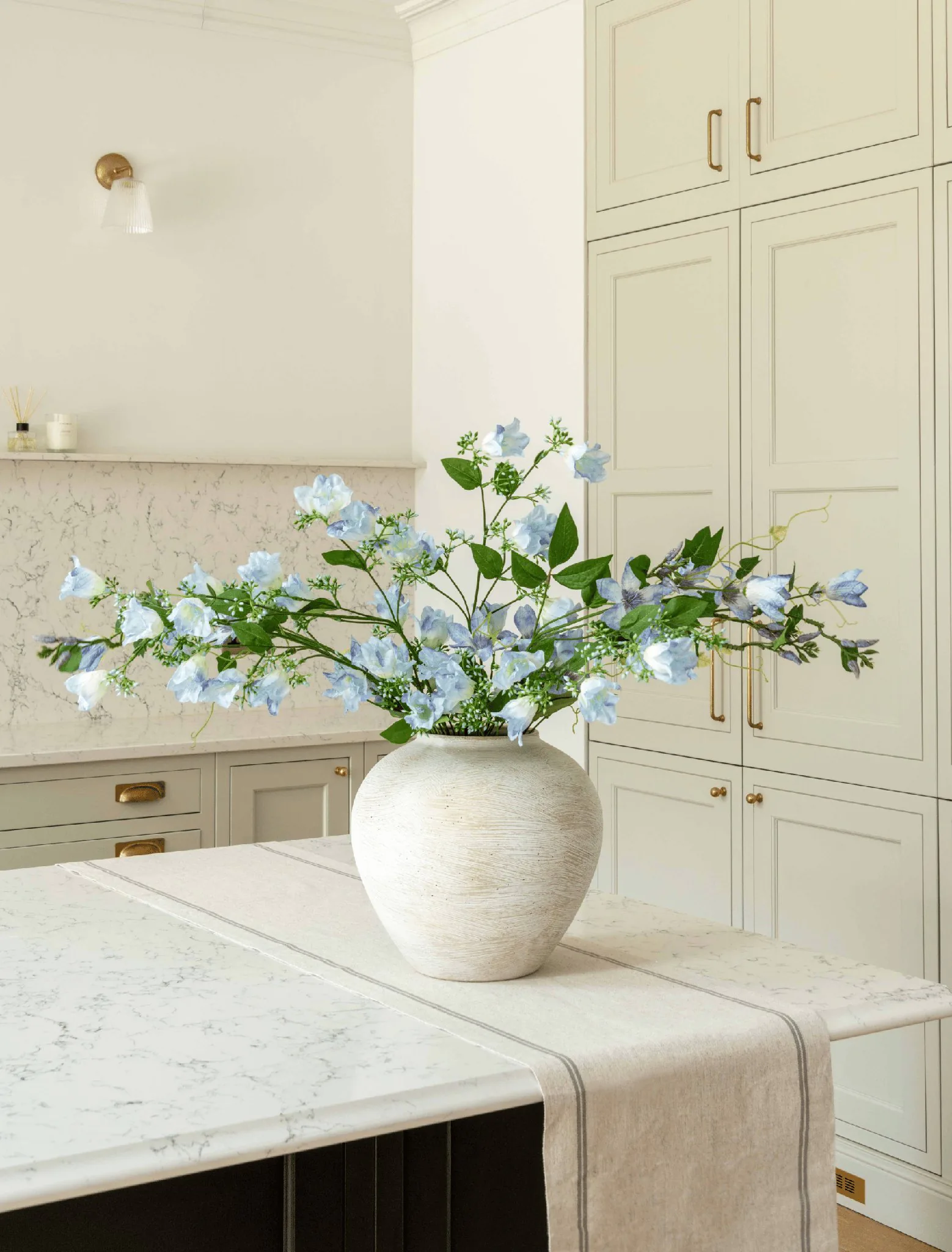 Lifelike Bell Flower & Clematis Blue Faux Arrangement, 30 Inch Silk Floral Centerpiece for Living Room, Fall Decor, No Watering Needed Vase Not