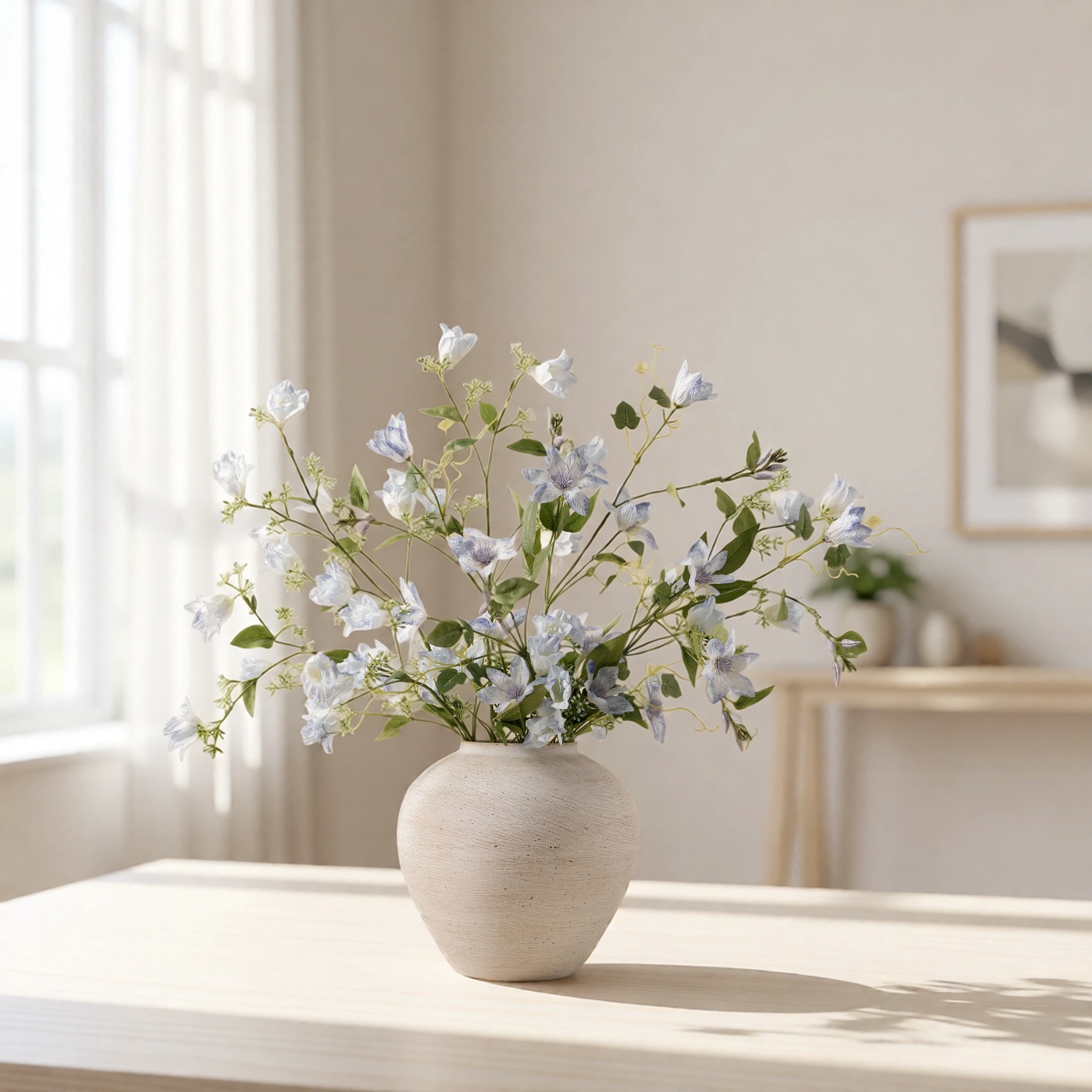 Lifelike Bell Flower & Clematis Blue Faux Arrangement, 30 Inch Silk Floral Centerpiece for Living Room, Fall Decor, No Watering Needed Vase Not