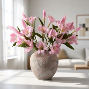 Lifelike Pink Lily Faux Flower Arrangement, 20 Inch Silk Floral Centerpiece for Living Room, Spring Decor, No Watering Needed Vase Not Included