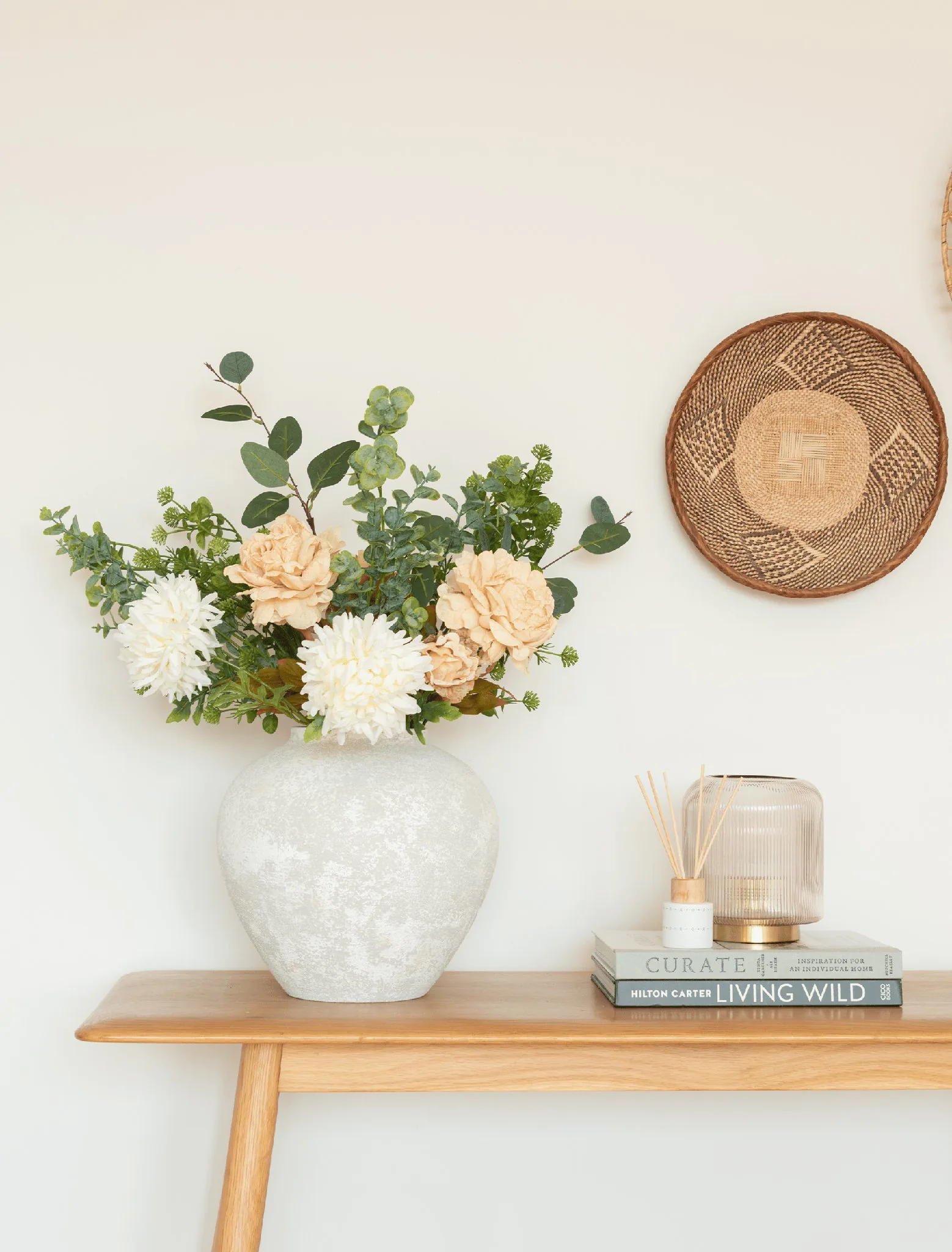 Lifelike Cream Peony & Eucalyptus Faux Flower Arrangement, 30 Inch Silk Floral Centerpiece for Living Room, Spring Decor, No Watering Needed Vase Not