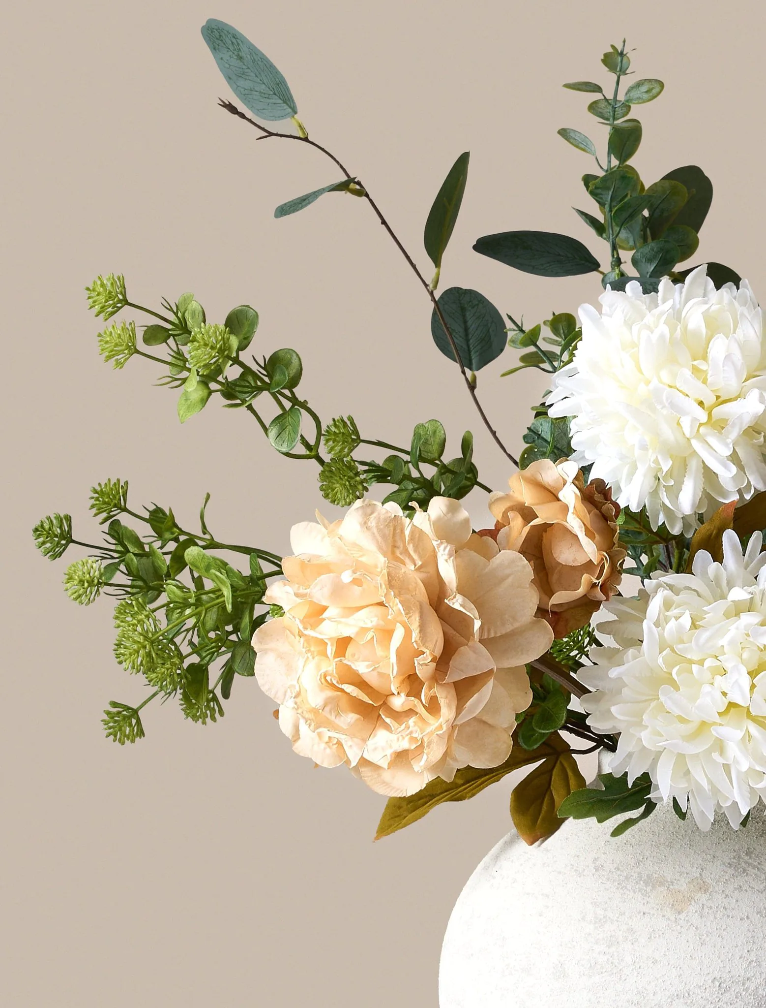 Lifelike Cream Peony & Eucalyptus Faux Flower Arrangement, 30 Inch Silk Floral Centerpiece for Living Room, Spring Decor, No Watering Needed Vase Not