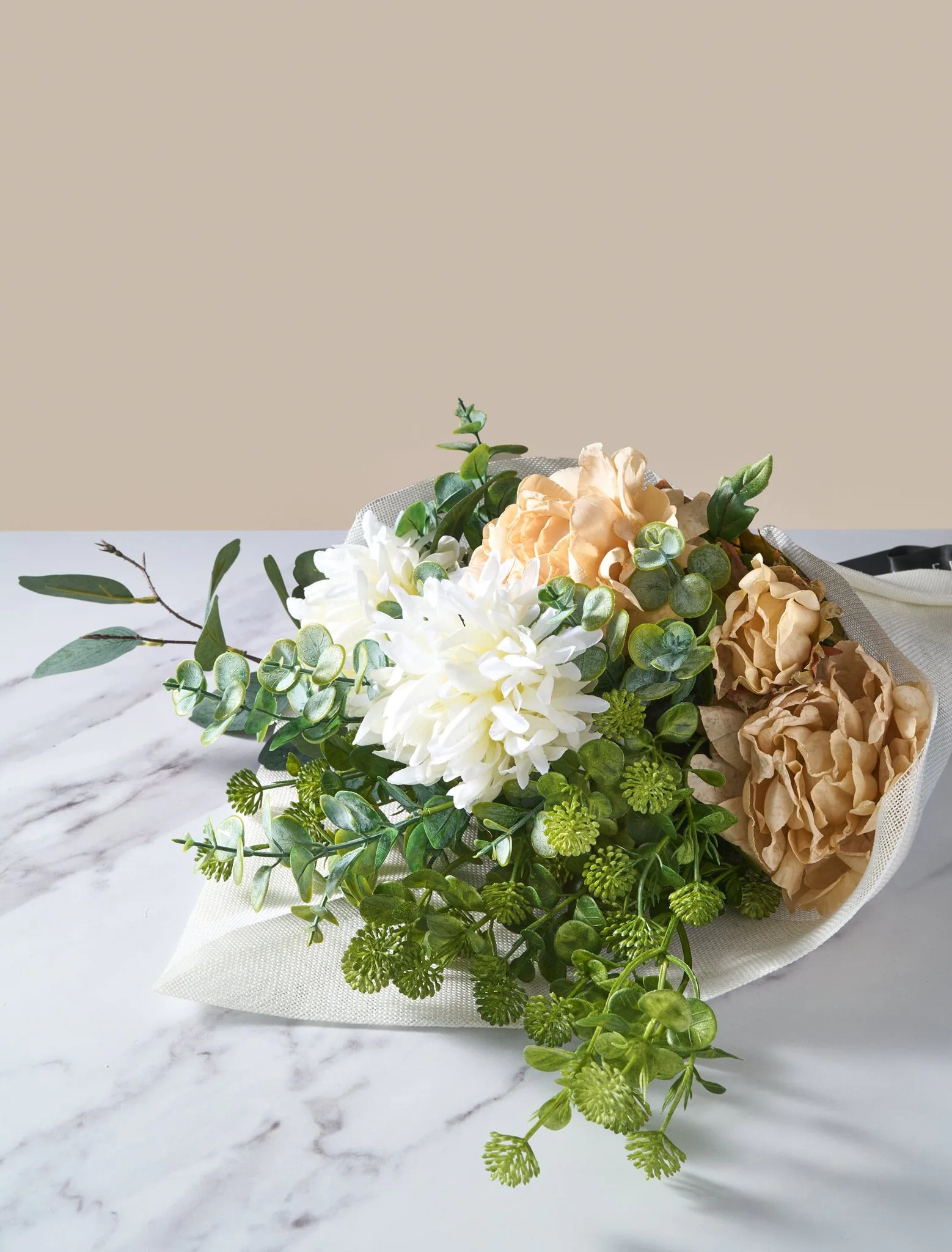 Lifelike Cream Peony & Eucalyptus Faux Flower Arrangement, 30 Inch Silk Floral Centerpiece for Living Room, Spring Decor, No Watering Needed Vase Not