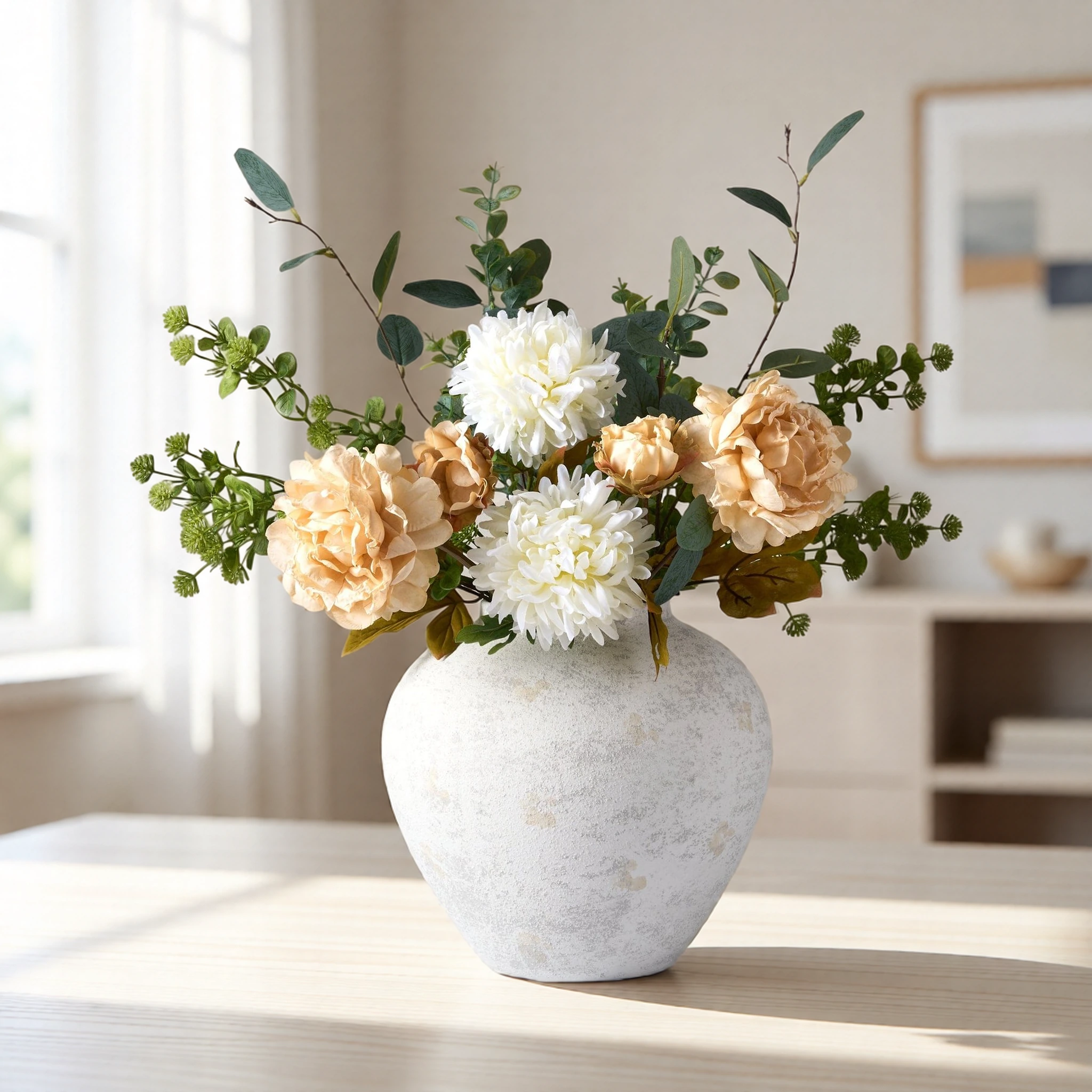 Lifelike Cream Peony & Eucalyptus Faux Flower Arrangement, 30 Inch Silk Floral Centerpiece for Living Room, Spring Decor, No Watering Needed Vase Not
