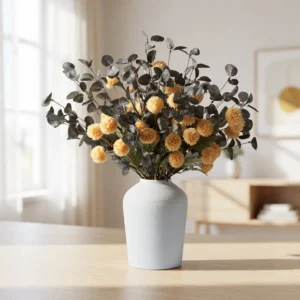 Real Touch Yellow Kiku and Green Eucalyptus Faux Flower Arrangement, 24 Inch Silk Floral for Fall Decor, No Watering Needed Vase Not Included