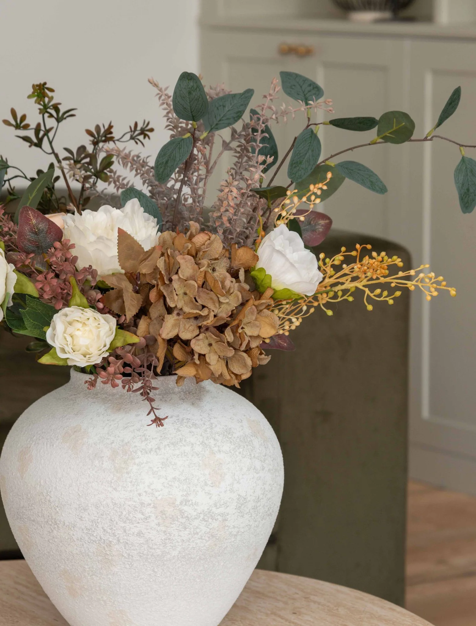 Lifelike Green Eucalyptus & Burgundy Faux Flower Arrangement, 18 Inch Silk Floral for Fall Decor, Farmhouse Style, No Watering Needed Vase Not