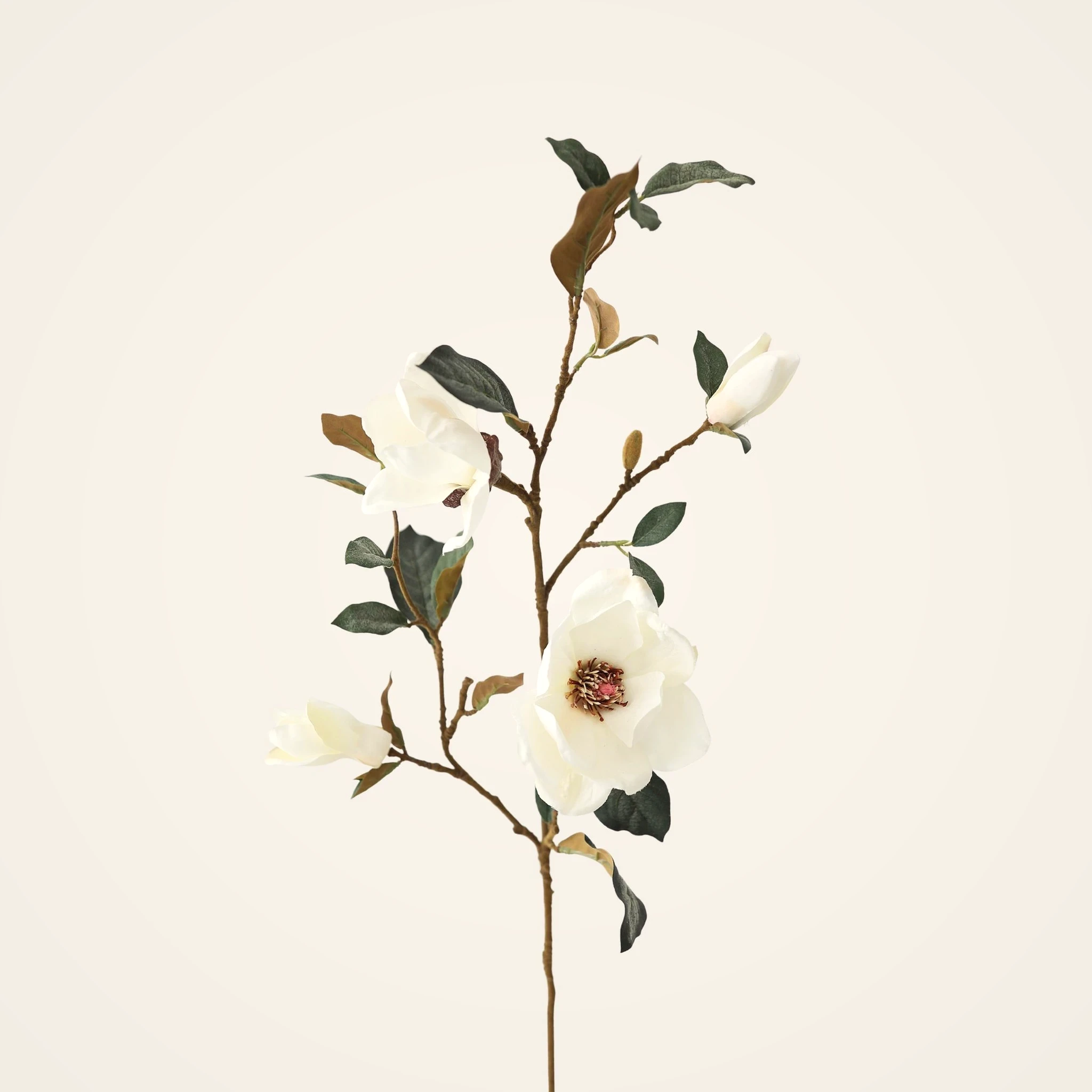 Realistic Cream Magnolia Faux Floral Stems, 35" Silk Flower Branch for Elegant Home Decor, No Watering Needed