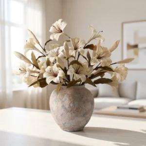 Lifelike Lily Faux Flower Arrangement, Beige Silk Floral Centerpiece 20 Inch for Living Room, Elegant Fall Decor, No Watering Needed Vase Not Included