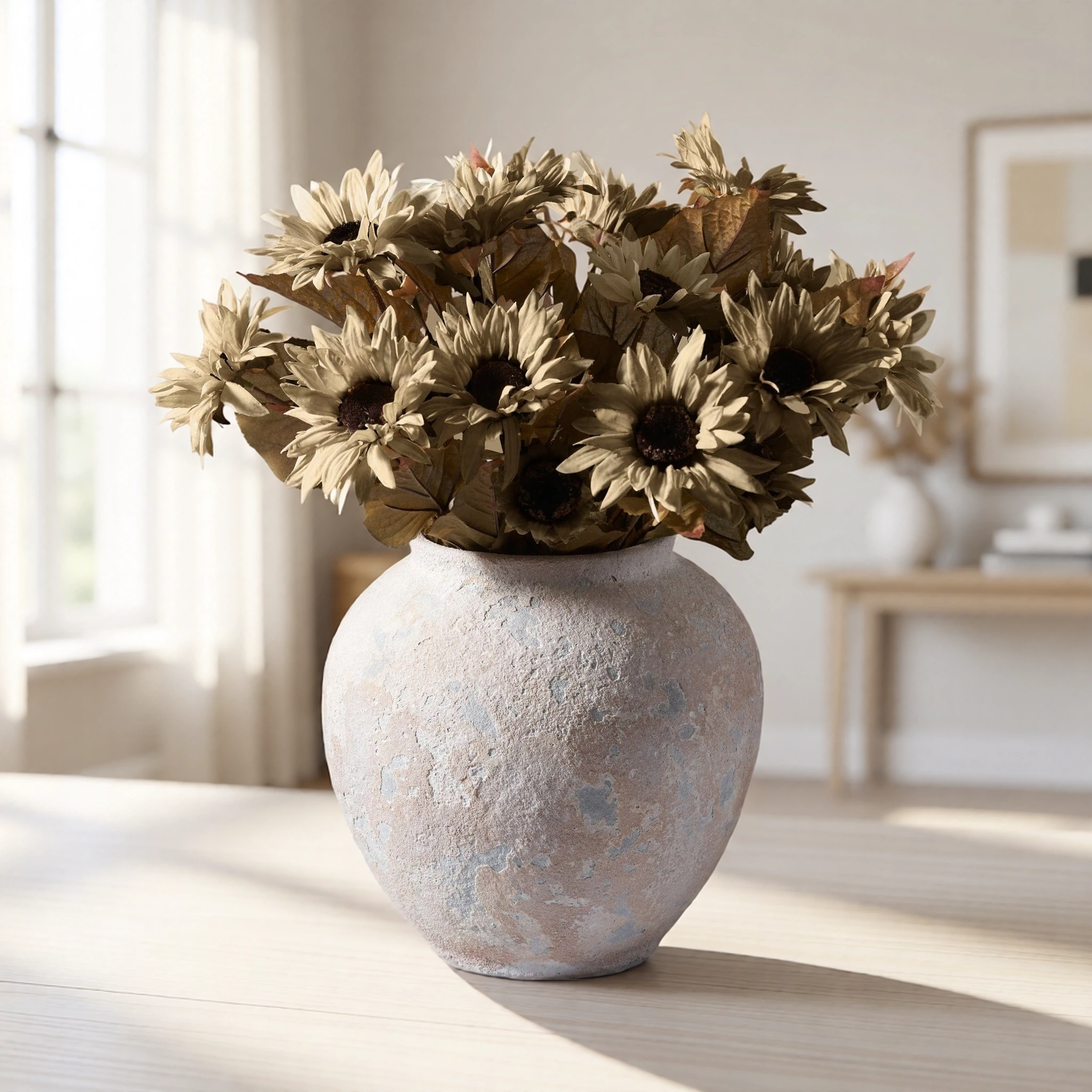Lifelike Rustic Green Sunflower Faux Flower Arrangement, 22 Inch Artificial Silk Flowers for Fall Decor, Style No Watering Needed Vase Not Included