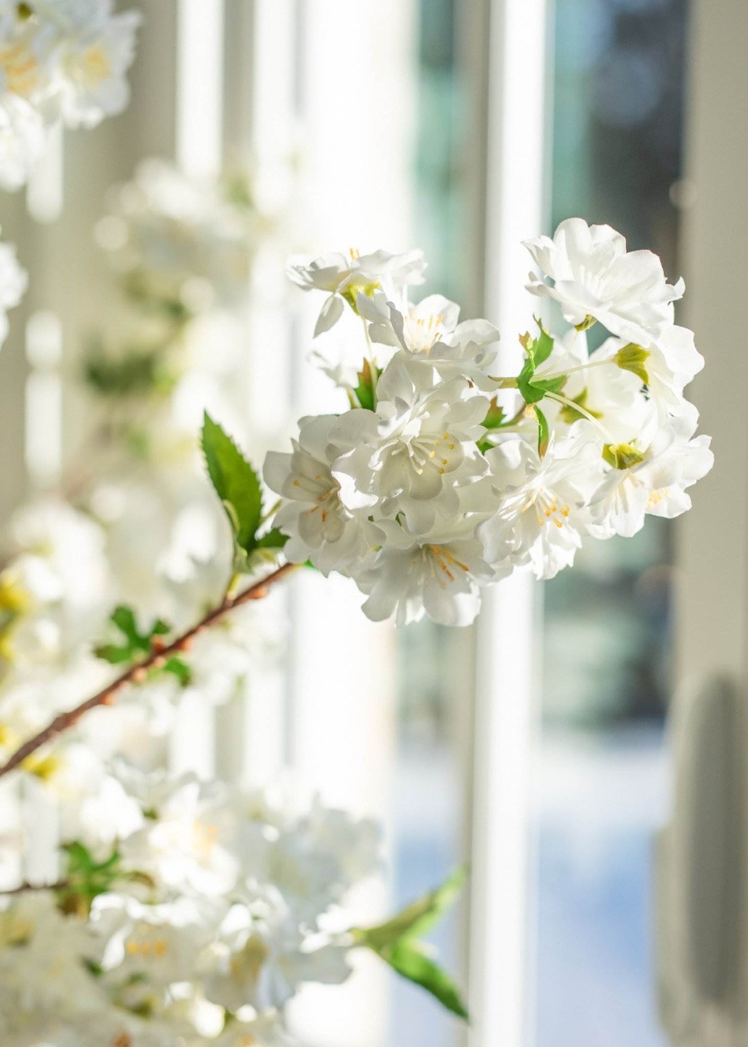 Real Touch Cream White Cherry Blossom Faux Floral Stems, 36" Silk Branch for Spring Decor, Elegant Home Interior, No Watering Needed with Vase