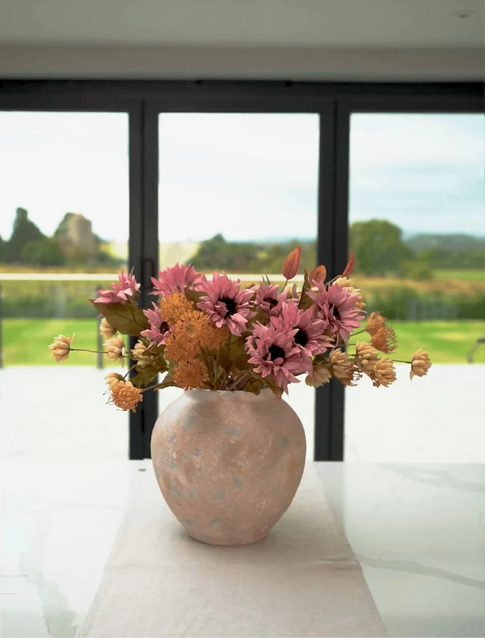 Lifelike Pink & Beige Faux Flower Arrangement, 22 Inch Fall Decor for Living Room, No Watering Needed Vase Not Included
