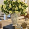 Lifelike Green Hydrangea Faux Flower Arrangement, 20 Inch Artificial Flowers for Living Room, Spring Decor, No Watering Needed with Vase