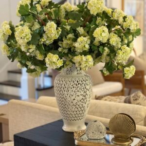 Lifelike Green Hydrangea Faux Flower Arrangement, 20 Inch Artificial Flowers for Living Room, Spring Decor, No Watering Needed with Vase