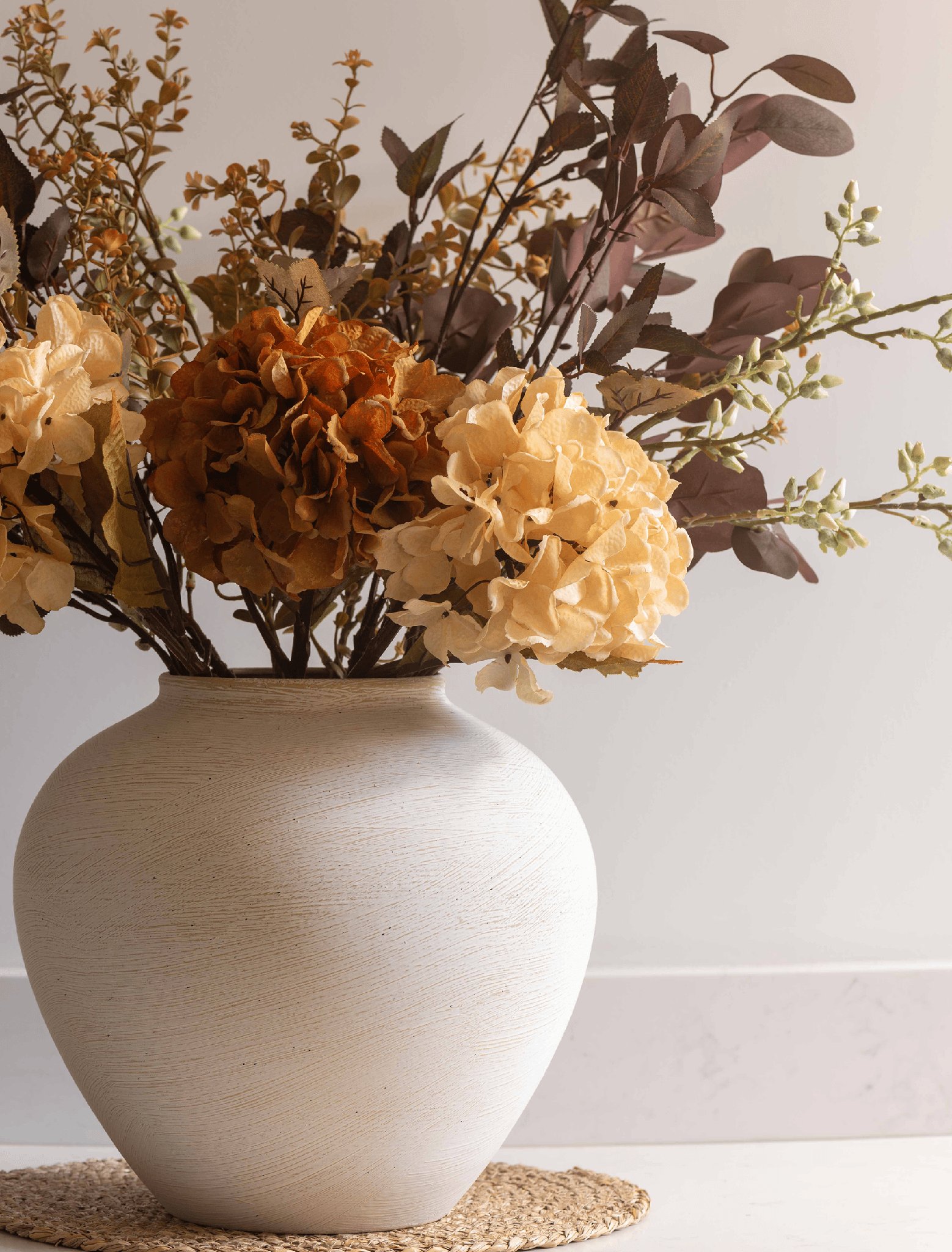 Faux Arrangement - Orange Hydrangea & Eucalyptus
