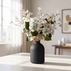Lifelike White Hydrangea and Eucalyptus Faux Flower Arrangement, 24 Inch Silk Floral Centerpiece for Minimalist Living Room, No Watering Needed Vase