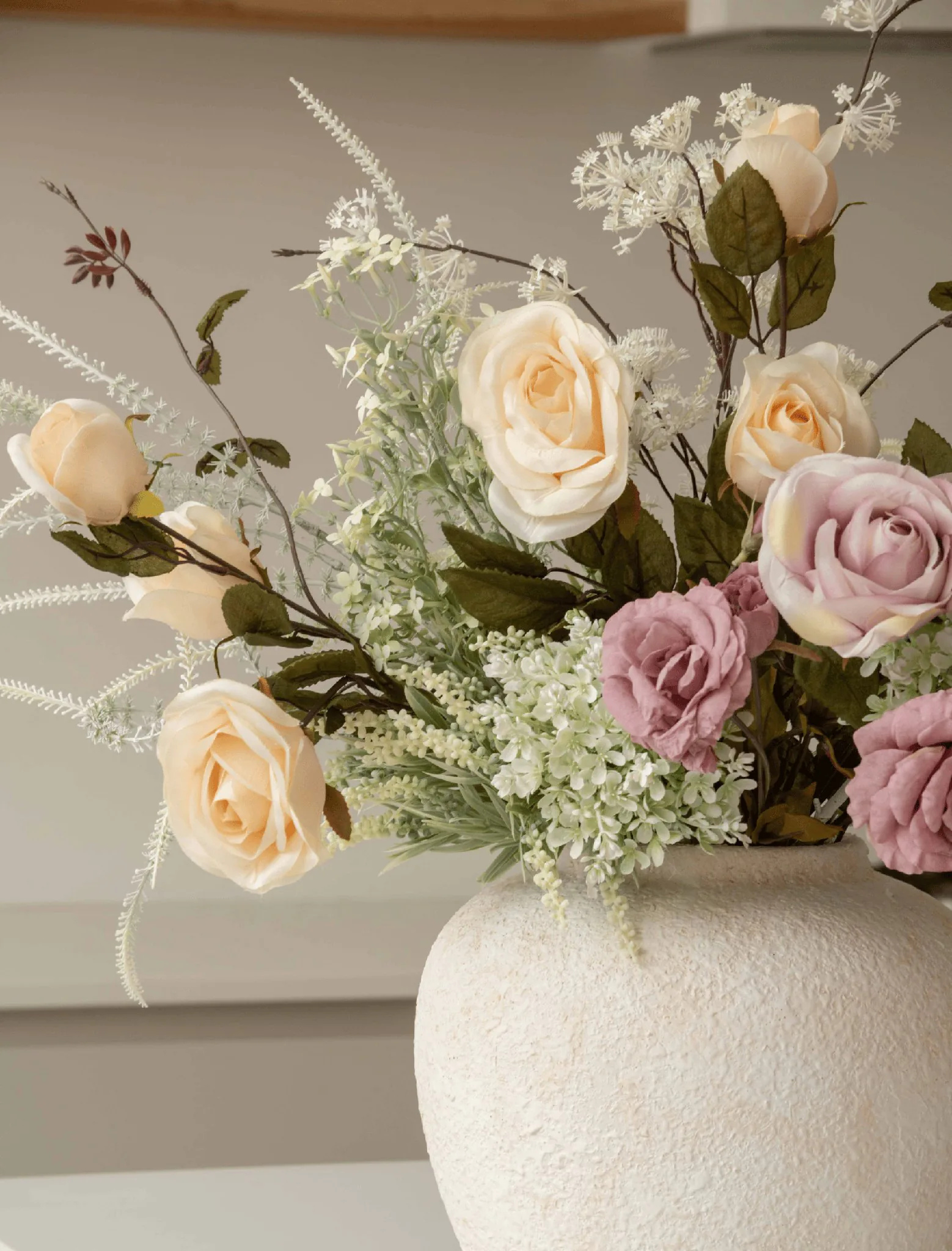 Lifelike Blush Rose Faux Flower Arrangement, 28 Inch Silk Floral for Living Room Spring Decor, Luxury Allergy Friendly No Watering Needed Vase Not