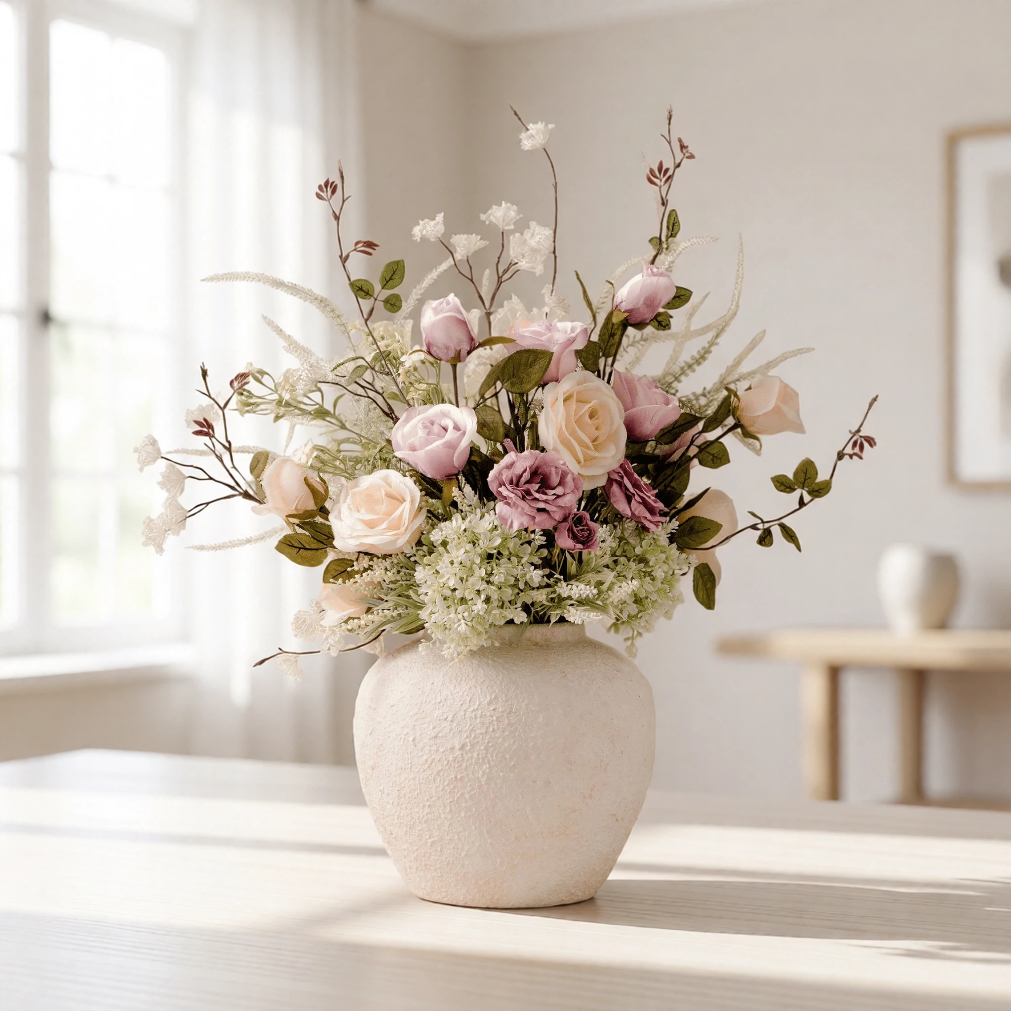 Lifelike Blush Rose Faux Flower Arrangement, 28 Inch Silk Floral for Living Room Spring Decor, Luxury Allergy Friendly No Watering Needed Vase Not