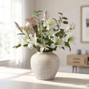 Lifelike White Lily & Eucalyptus Faux Flower Arrangement, 30 Inch Silk Floral Centerpiece for Spring Decor, Luxury No Watering Needed, Vase Not