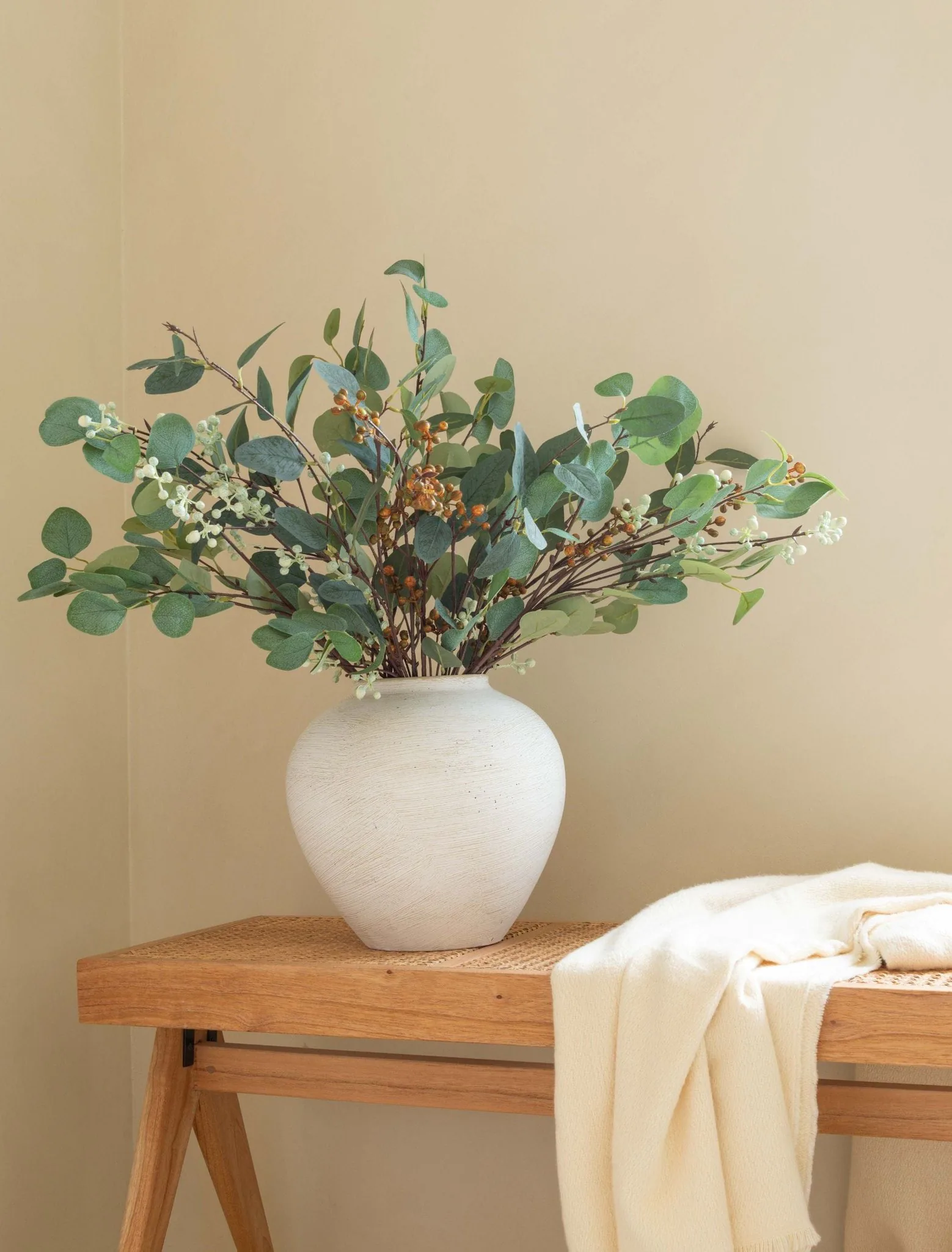 Lifelike Eucalyptus and Neutral Berry Faux Flower Arrangement, 31 Inch Silk Floral Centerpiece for Living Room, Rustic Fall Decor, Maintenance Free