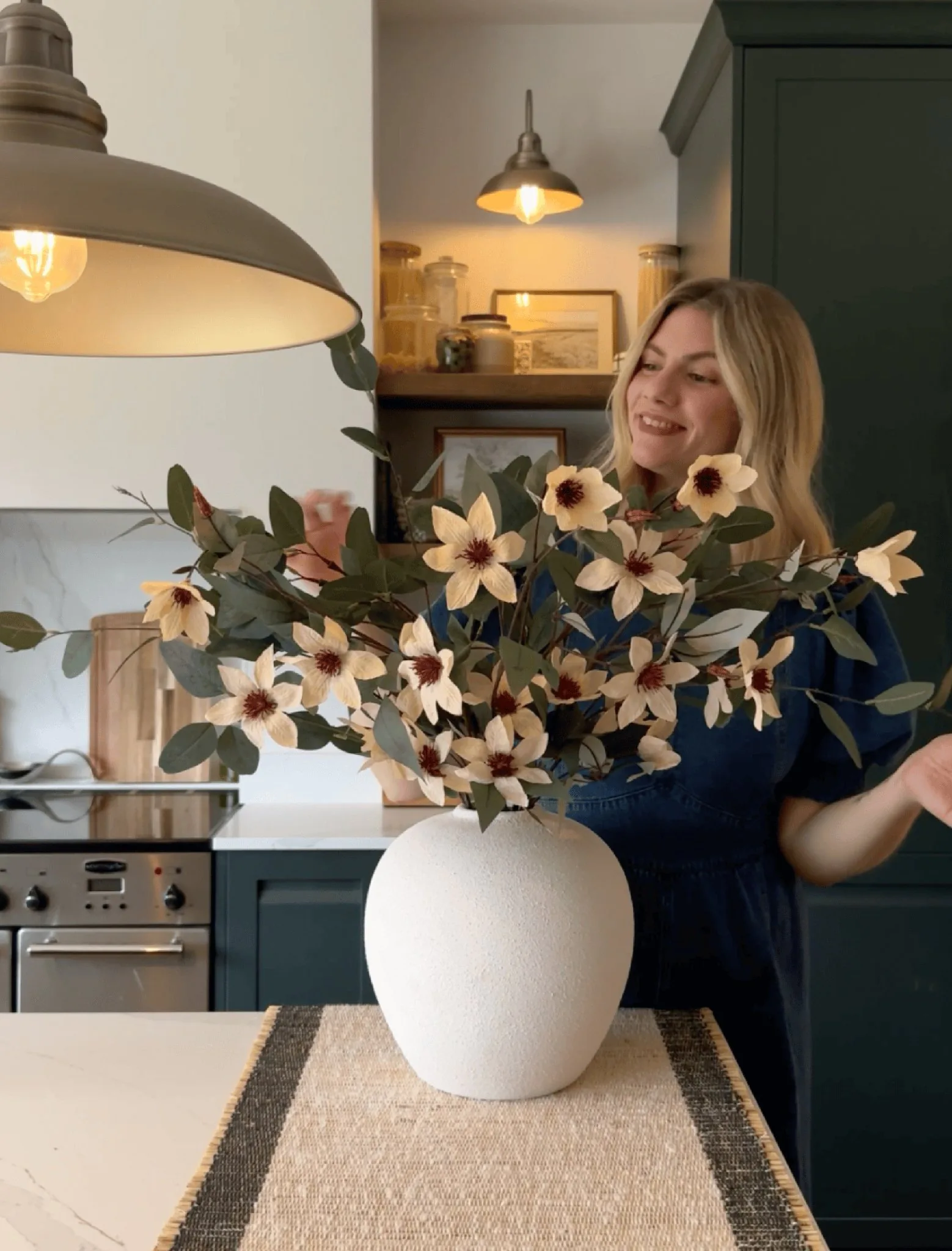 Lifelike Eucalyptus and Cream Magnolia Faux Flower Arrangement, 9 Stems Artificial Flowers for Living Room, Modern Fall Decor, No Watering Needed