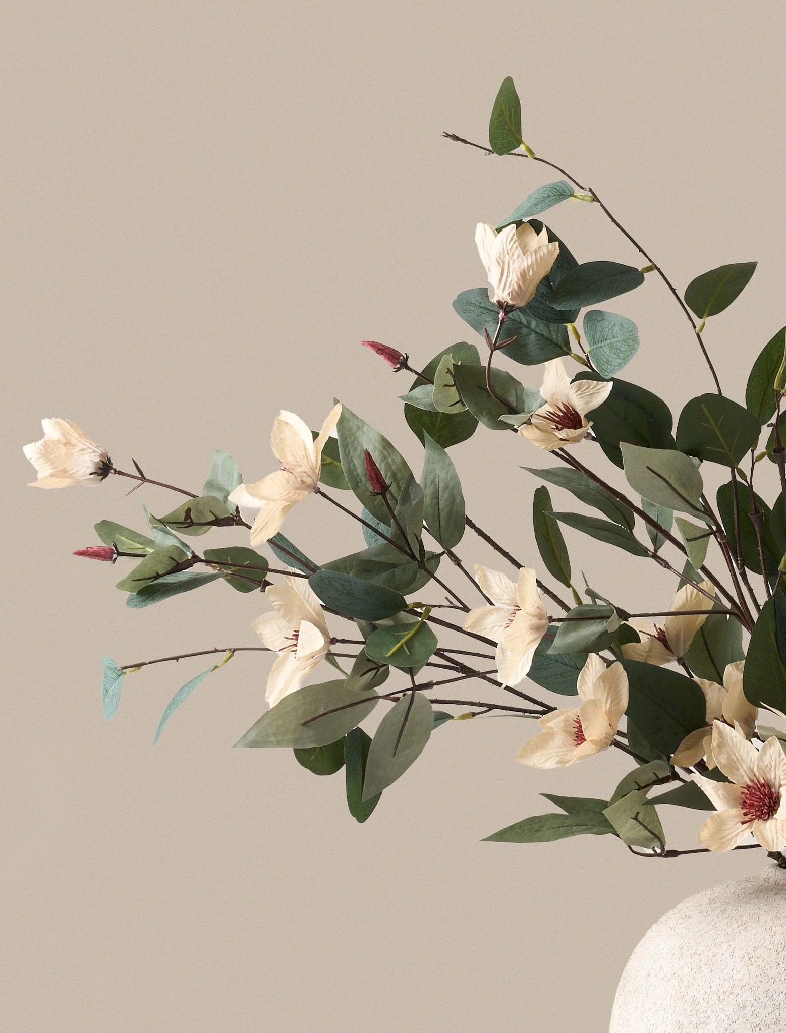 Lifelike Eucalyptus and Cream Magnolia Faux Flower Arrangement, 9 Stems Artificial Flowers for Living Room, Modern Fall Decor, No Watering Needed