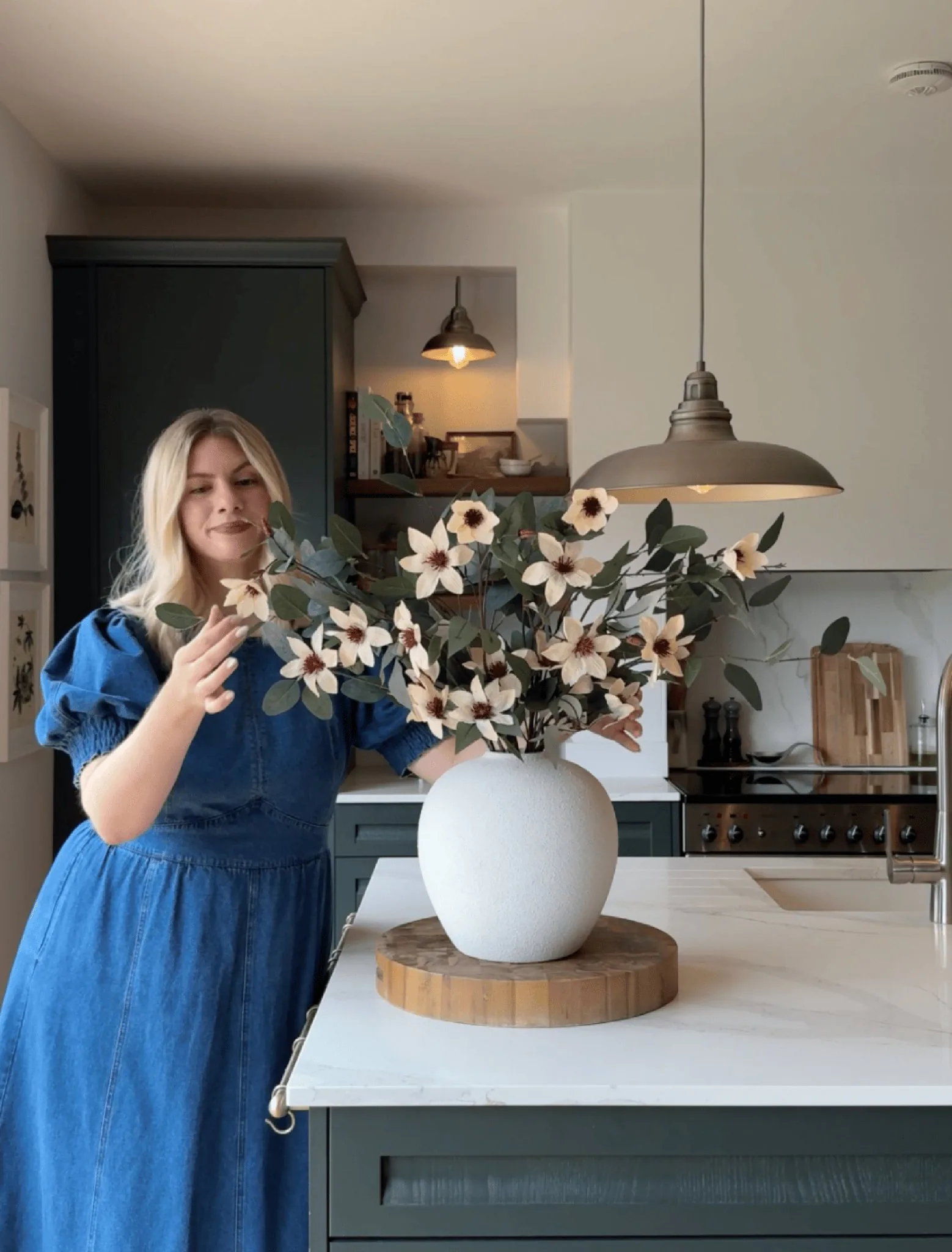 Lifelike Eucalyptus and Cream Magnolia Faux Flower Arrangement, 9 Stems Artificial Flowers for Living Room, Modern Fall Decor, No Watering Needed