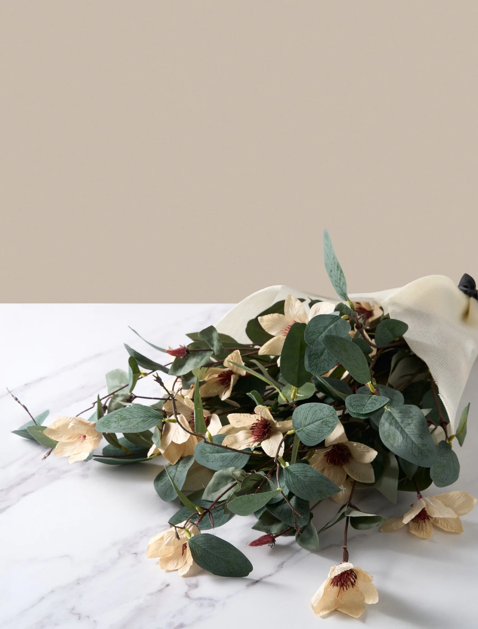 Lifelike Eucalyptus and Cream Magnolia Faux Flower Arrangement, 9 Stems Artificial Flowers for Living Room, Modern Fall Decor, No Watering Needed