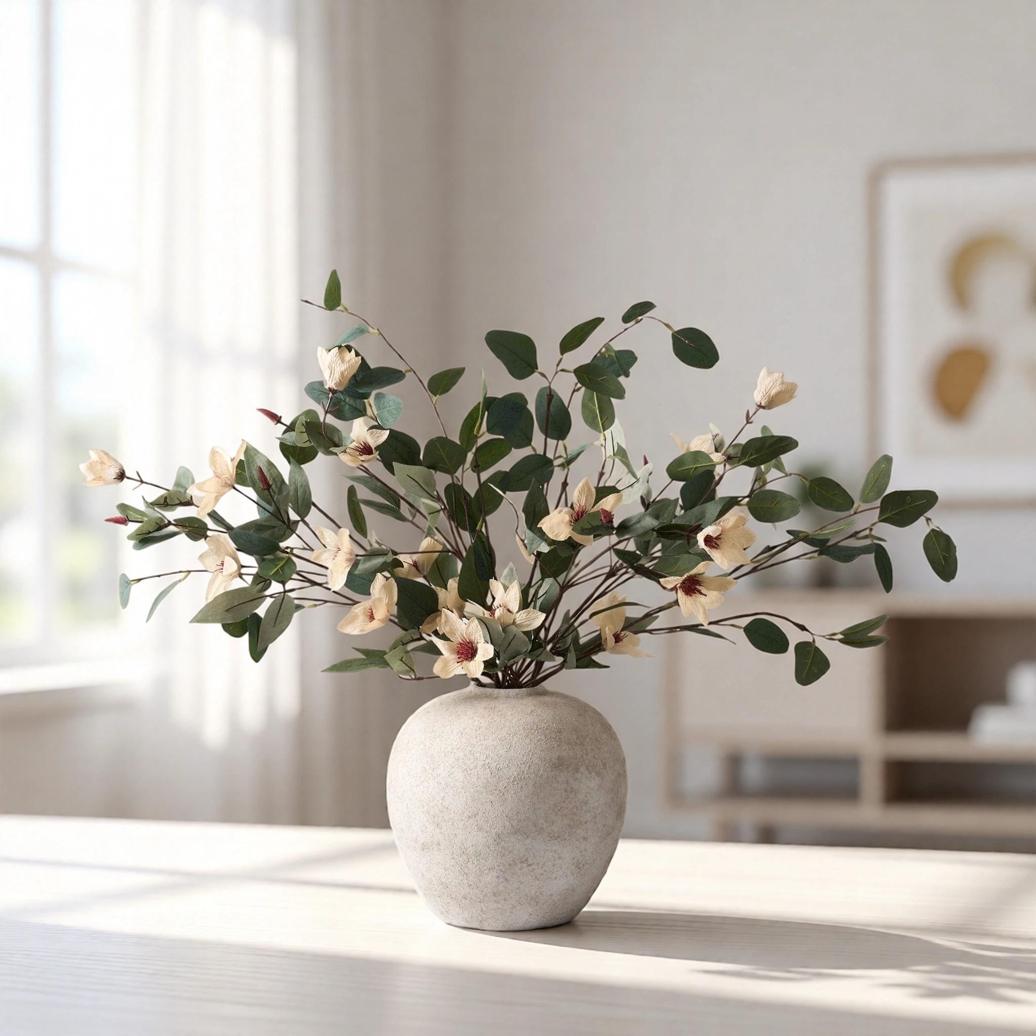 Lifelike Eucalyptus and Cream Magnolia Faux Flower Arrangement, 9 Stems Artificial Flowers for Living Room, Modern Fall Decor, No Watering Needed