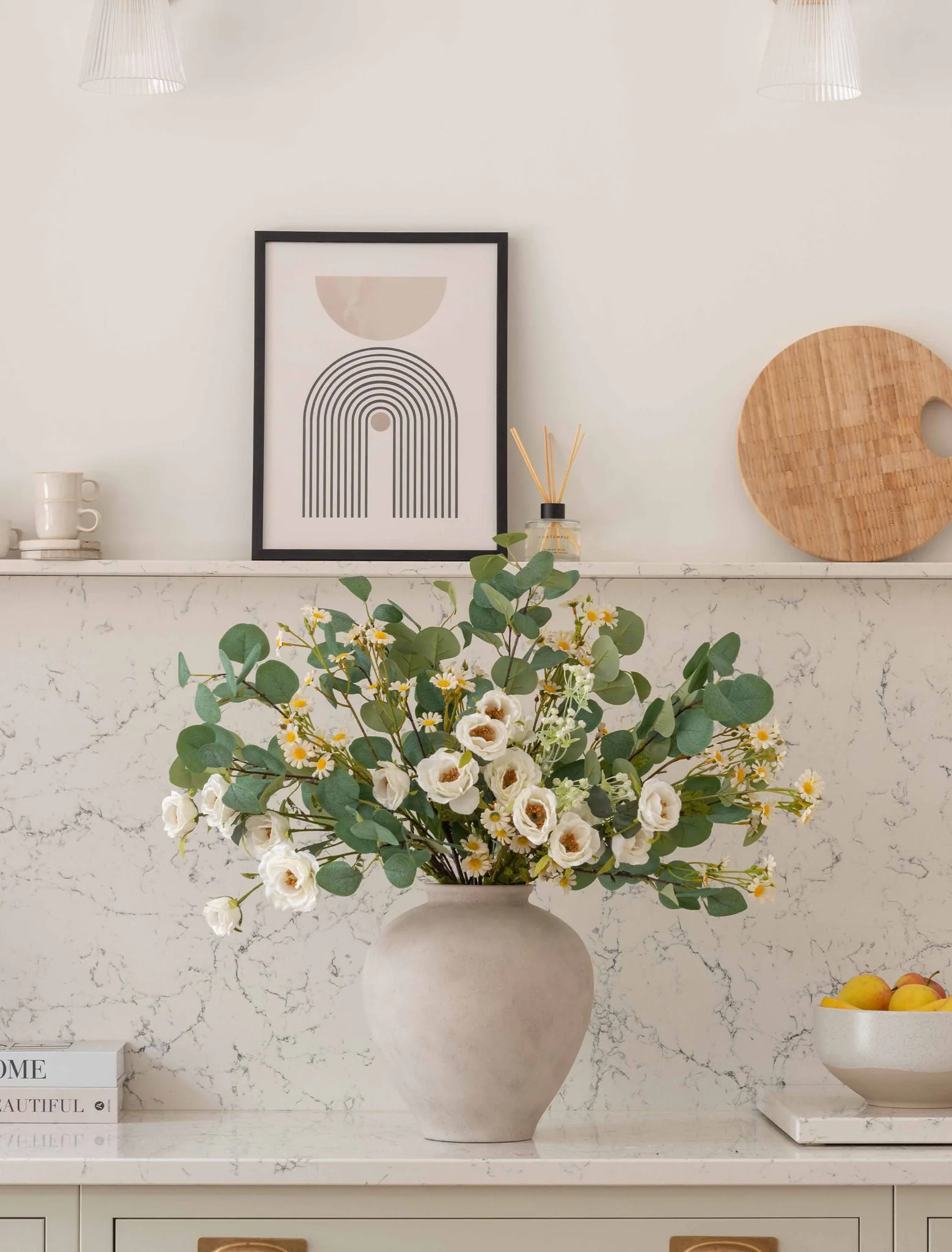 Lifelike Eucalyptus & White Chamomile Faux Flower Arrangement, 28 Inch Silk Floral for Living Room, Boho Spring Decor, No Watering Needed Vase Not