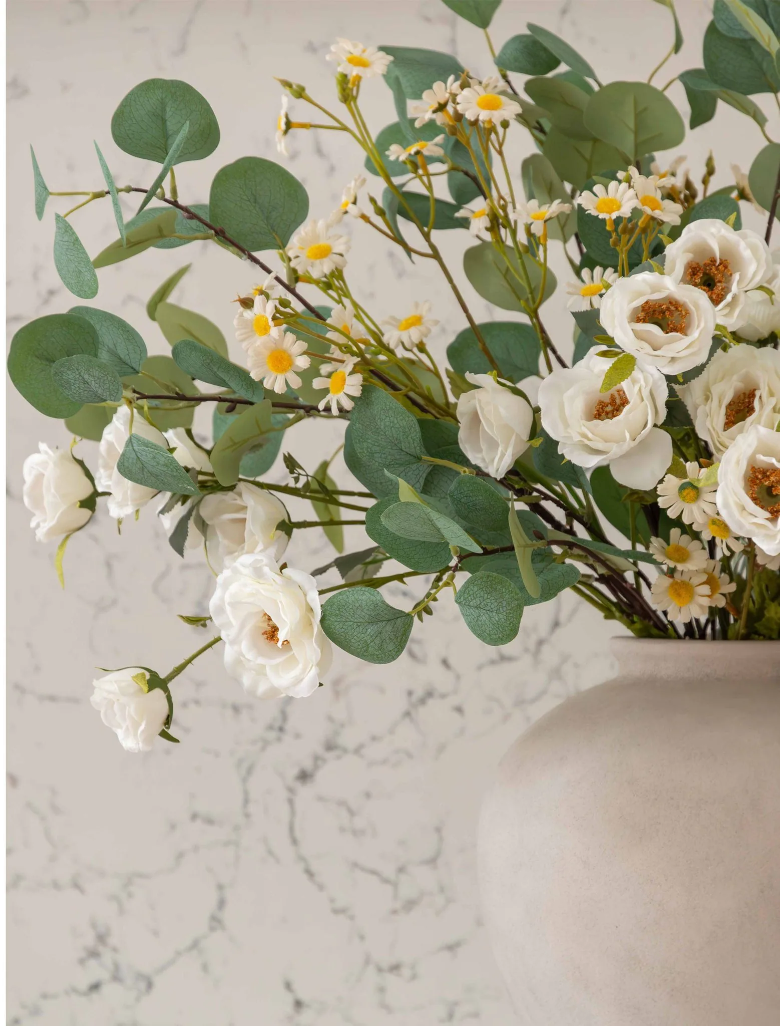 Lifelike Eucalyptus & White Chamomile Faux Flower Arrangement, 28 Inch Silk Floral for Living Room, Boho Spring Decor, No Watering Needed Vase Not